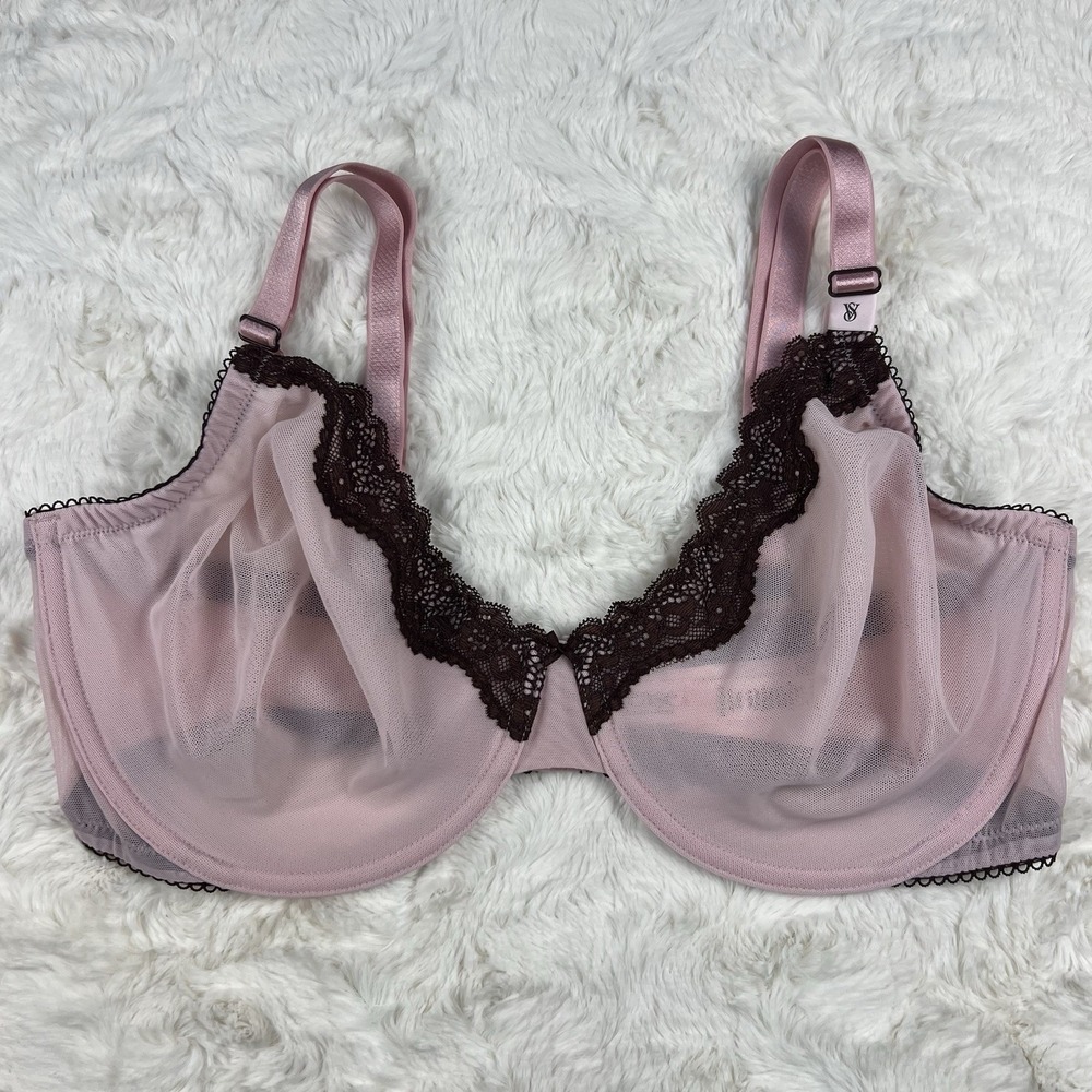 Victoria's Secret Tease Unlined Demi Bra Pink Sheer Mesh Brown Lace 34B NWT